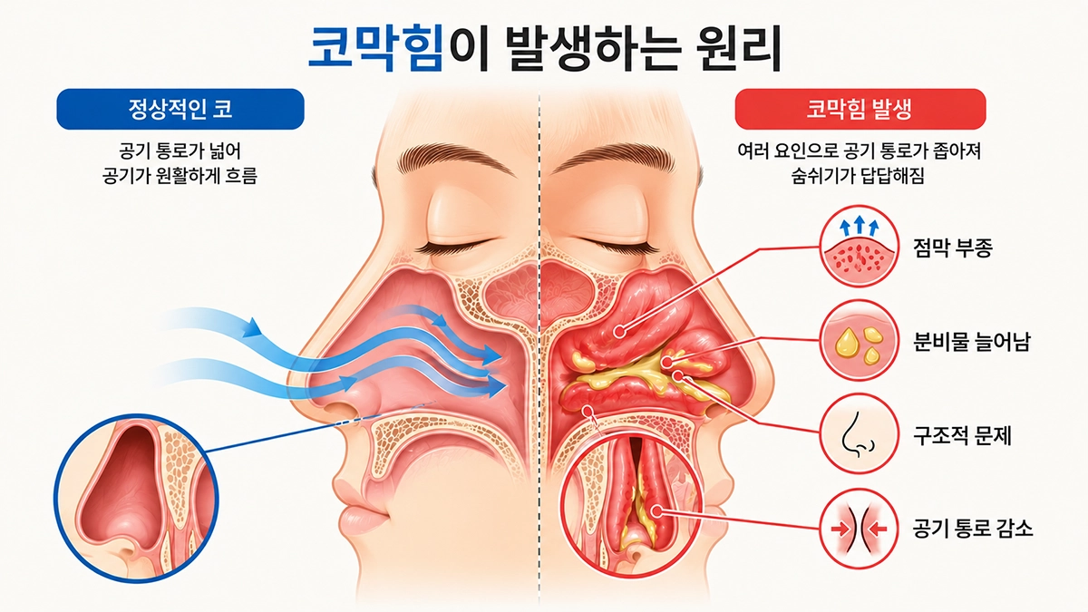 코막힘이 점막 부종과 분비물, 구조적 문제로 발생하는 과정을 보여주는 코 단면 인포그래픽