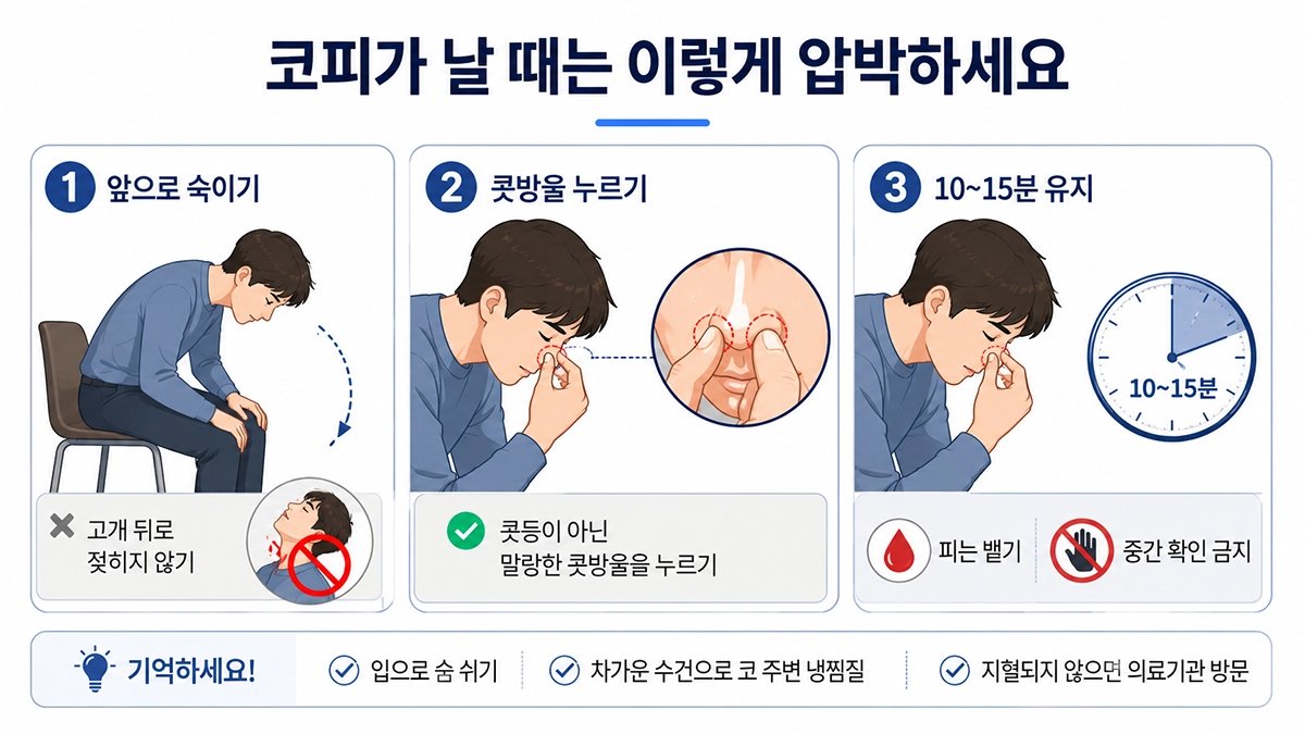 코피가 나는 이유를 확인한 뒤 몸을 앞으로 숙이고 콧방울을 누르는 올바른 압박 지혈법
