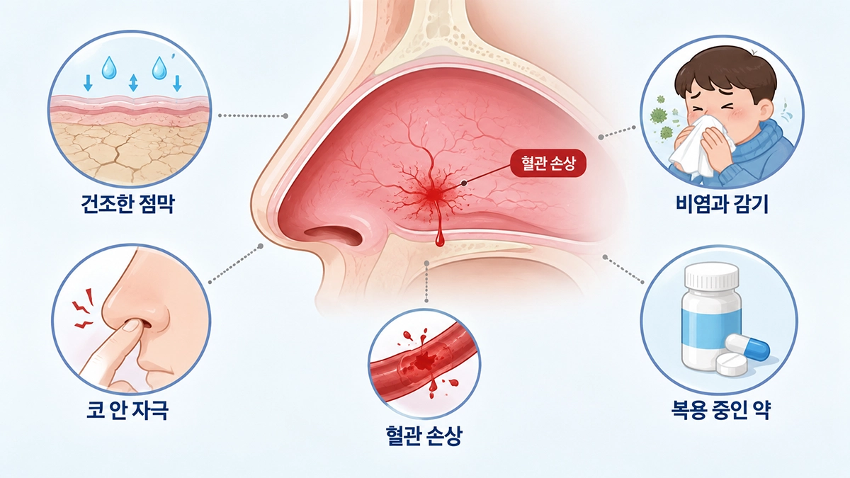 코피가 나는 이유를 건조한 점막과 코 자극, 비염, 복용 약으로 설명한 인포그래픽