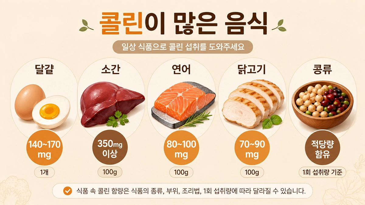 콜린 권장량을 채우는 데 도움이 되는 콜린 많은 음식