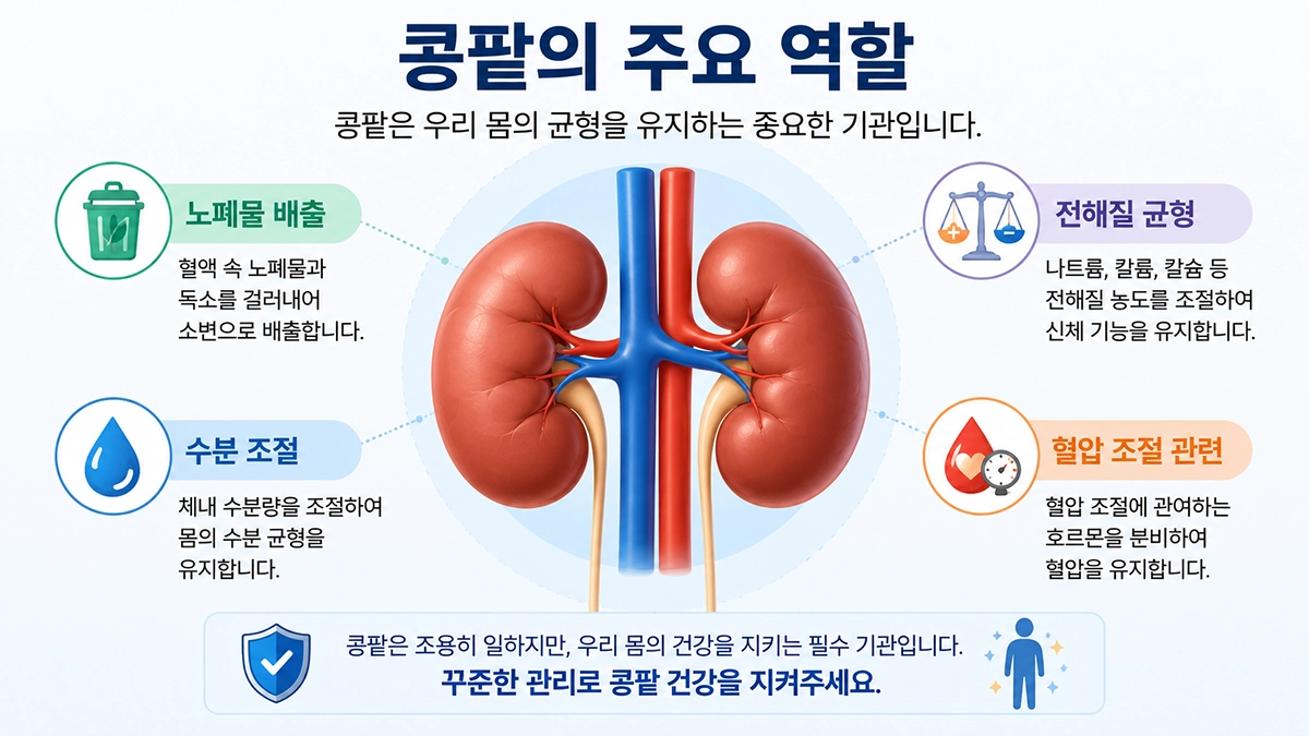 콩팥이 노폐물 배출과 수분 조절을 담당하는 역할을 설명한 이미지