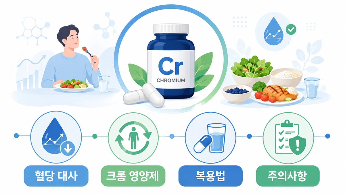 크롬 영양제의 혈당 대사와 복용법, 주의사항을 요약한 인포그래픽