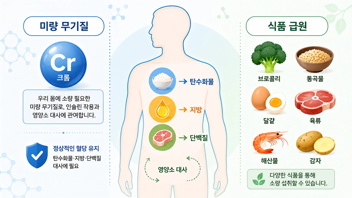 크롬 영양제 성분인 크롬의 특징과 식품 급원을 설명한 이미지