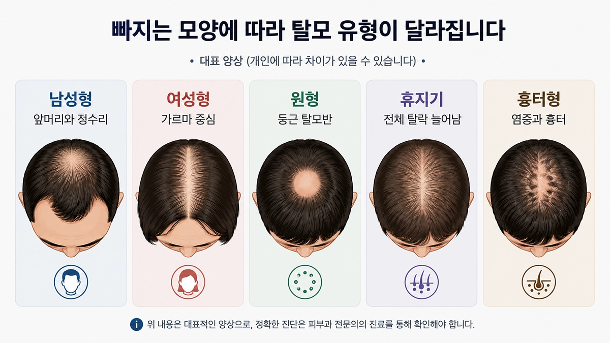 탈모 유형별로 남성형 여성형 원형 휴지기 흉터형의 대표적인 빠짐 양상을 비교한 그림