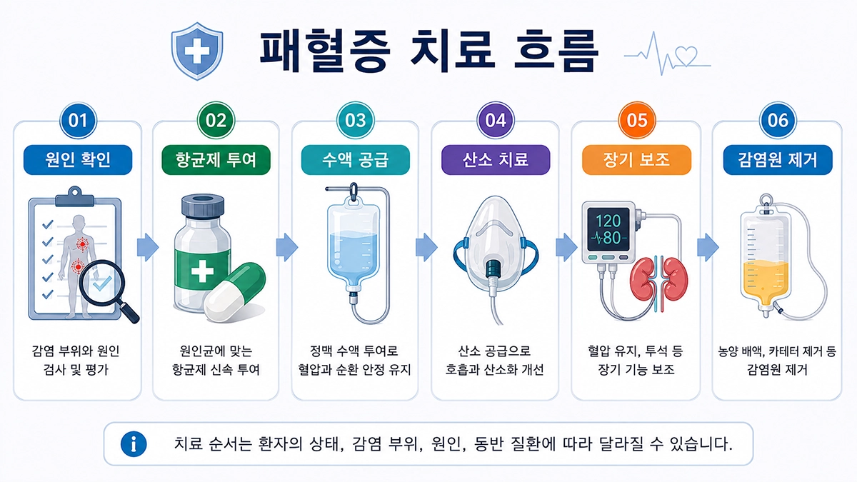 패혈증 증상으로 입원한 환자의 항균제와 수액, 산소치료 및 장기 기능 보조 과정