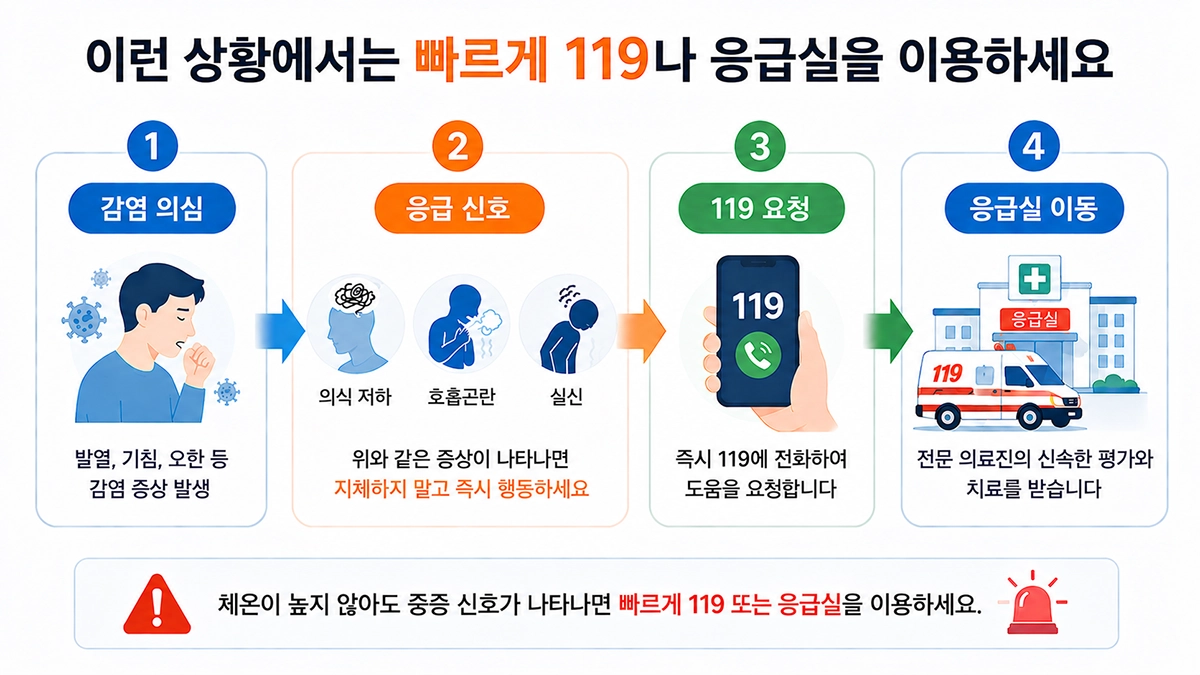 패혈증 증상이 의심될 때 의식 저하와 호흡곤란 발생 후 119와 응급실을 이용하는 과정
