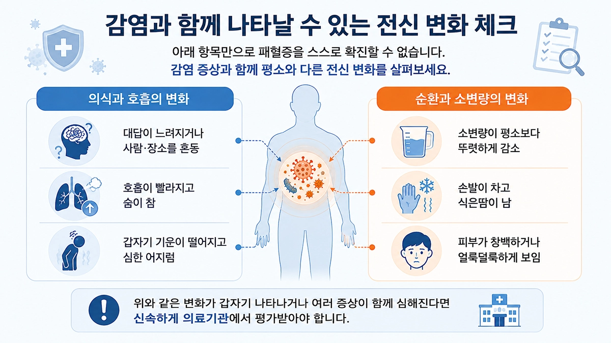 패혈증 증상으로 나타날 수 있는 의식 저하와 빠른 호흡, 소변량 감소와 피부 변화