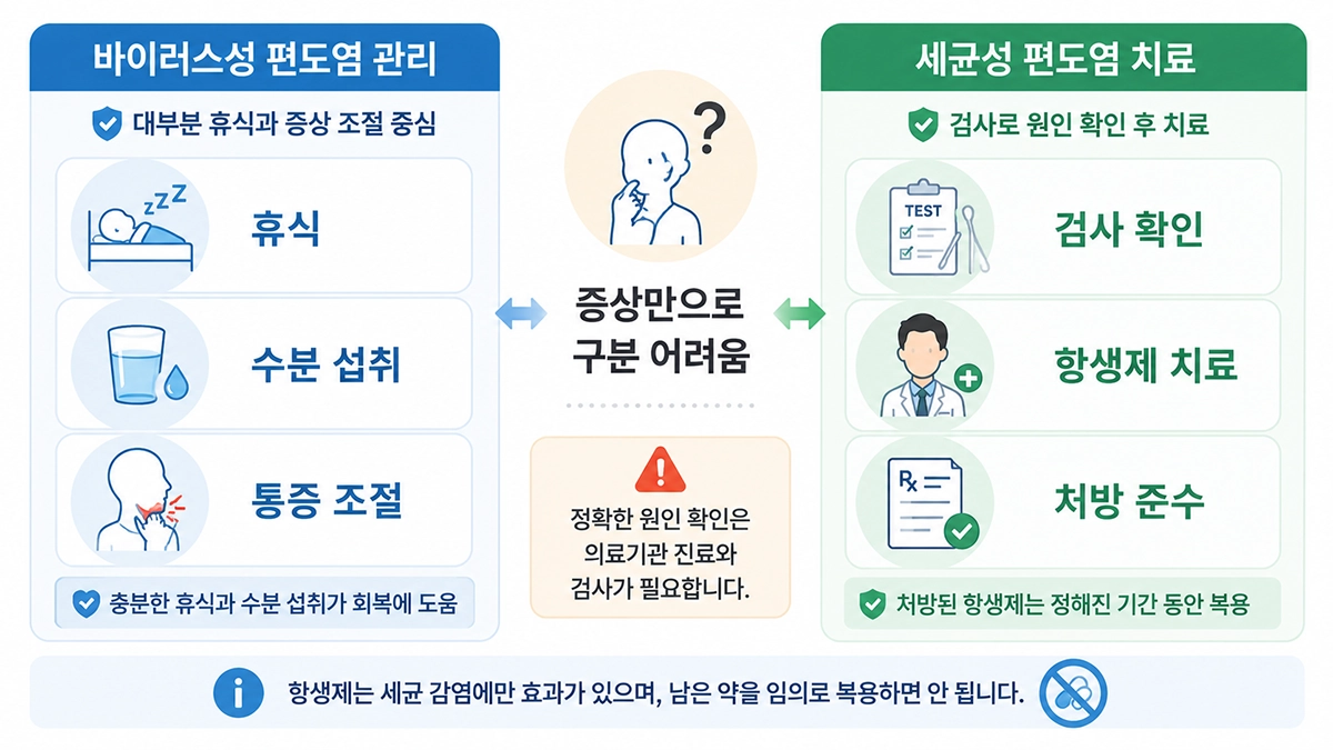 편도염 증상 원인에 따른 바이러스성 관리와 세균성 항생제 치료 기준 비교
