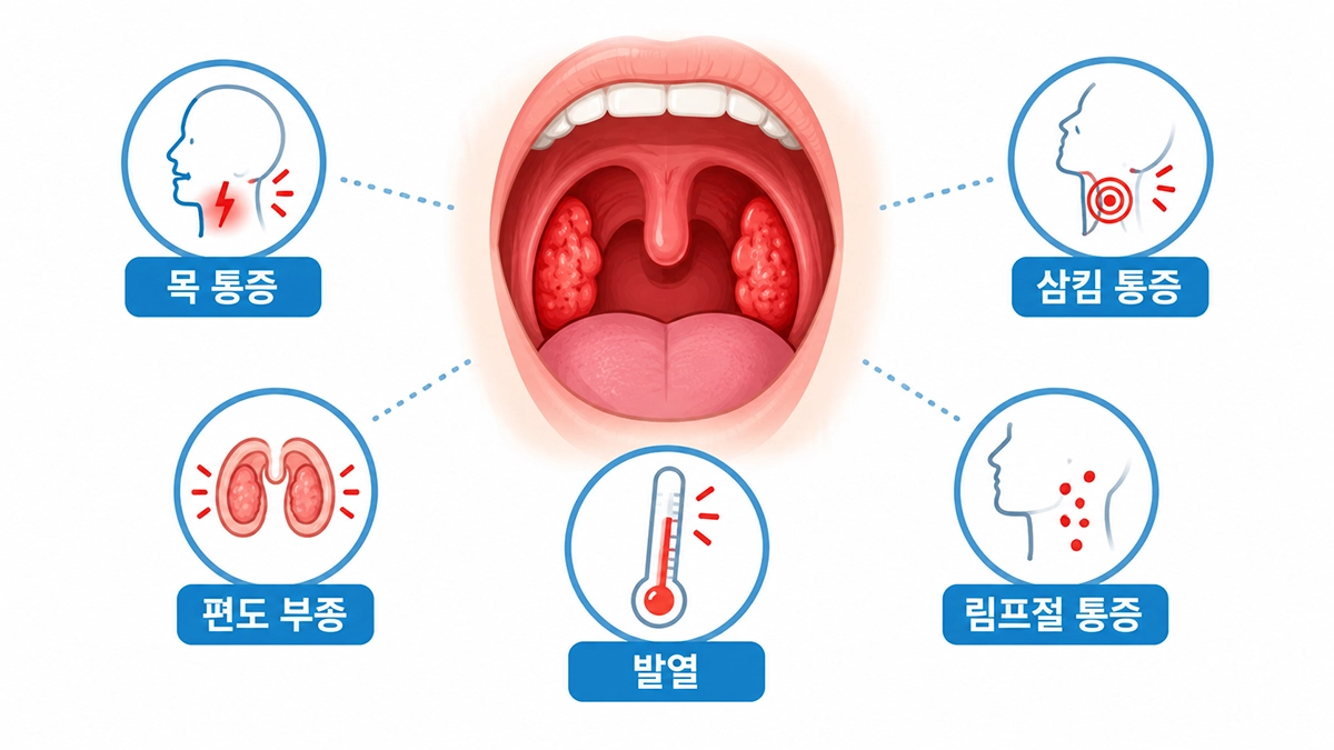 편도염 증상인 목 통증과 삼킴 통증, 발열, 편도 부종을 설명한 인포그래픽
