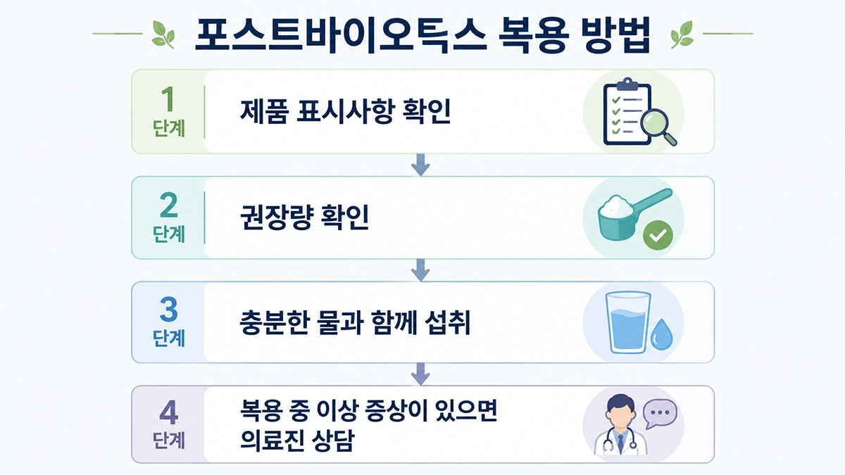포스트바이오틱스 복용 방법과 주의사항을 단계별로 설명한 이미지