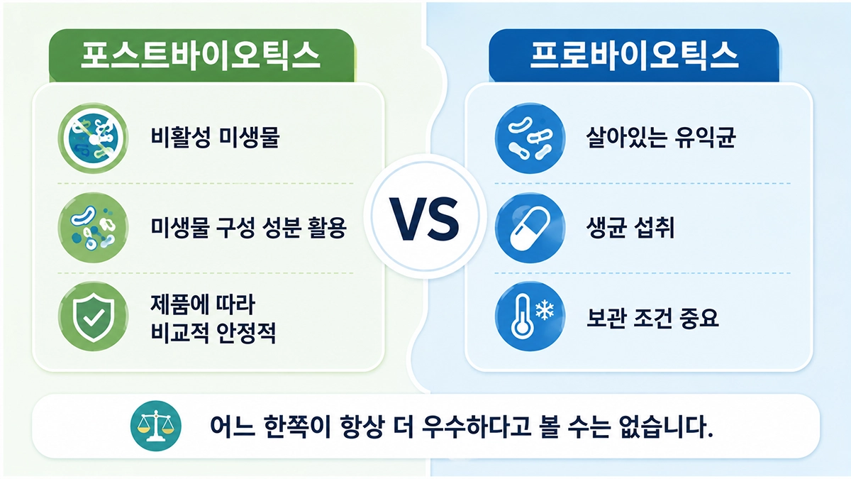 포스트바이오틱스와 프로바이오틱스의 차이를 비교한 이미지