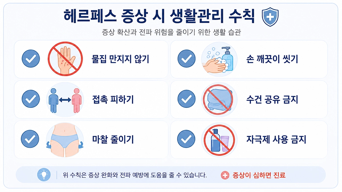 헤르페스 증상이 있을 때 지켜야 할 접촉 예방과 생활관리 수칙