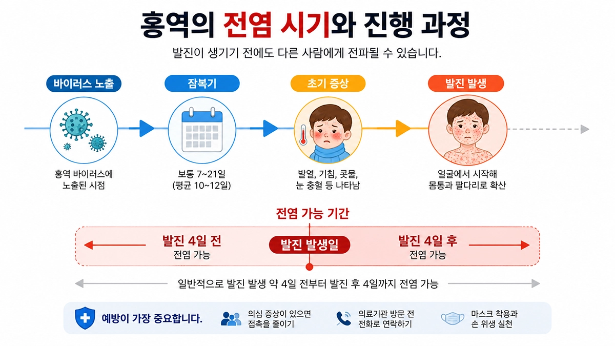 홍역 증상 발생 전 잠복기와 발진 전후 전염 시기를 나타낸 단계형 인포그래픽