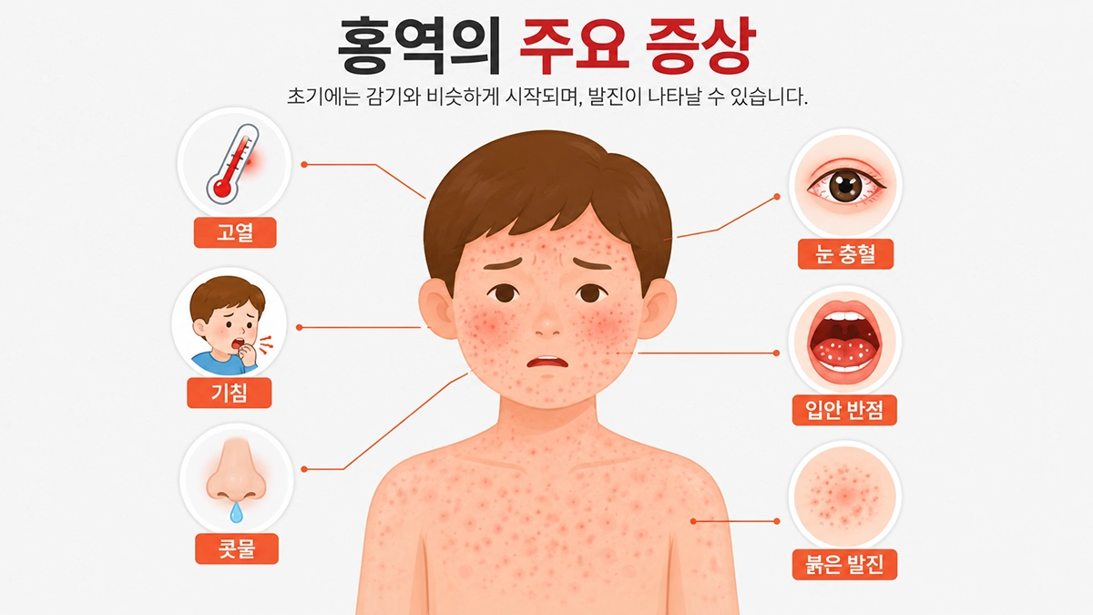 홍역 증상인 고열, 기침, 콧물, 눈 충혈, 입안 반점과 붉은 발진을 보여주는 인포그래픽