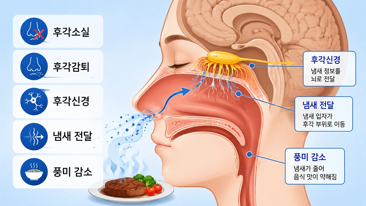 후각 상실에서 냄새가 후각신경으로 전달되는 과정을 설명한 인포그래픽