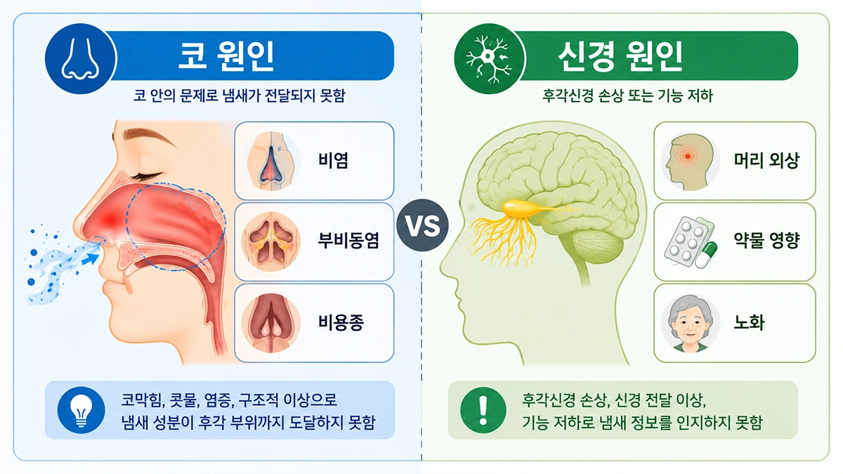 후각 상실의 코 질환과 신경 손상 원인을 비교한 인포그래픽