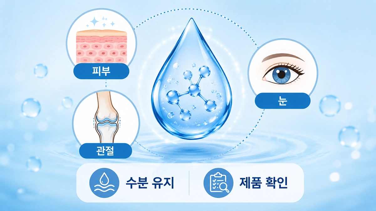 히알루론산 효능과 체내 수분 유지 관련 역할을 설명한 인포그래픽