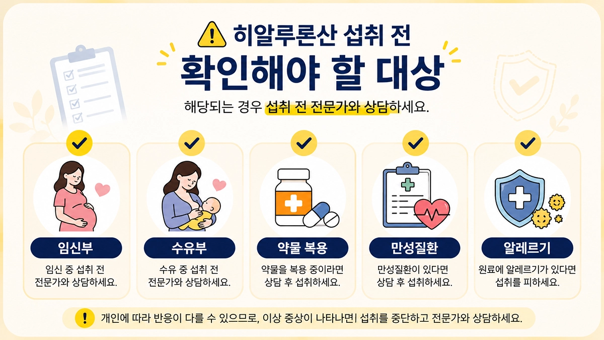 히알루론산 효능과 함께 섭취 전 주의해야 할 대상 안내 이미지