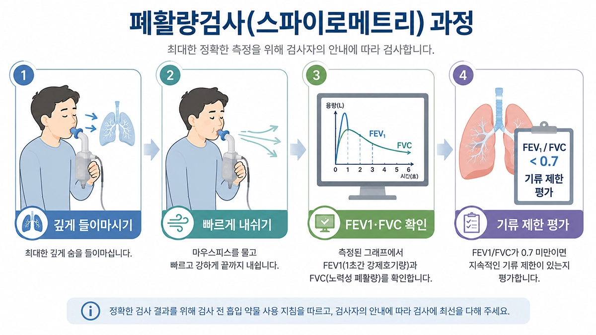 COPD 진단에 사용되는 폐활량검사의 진행 과정과 FEV1 FVC 측정을 설명한 인포그래픽