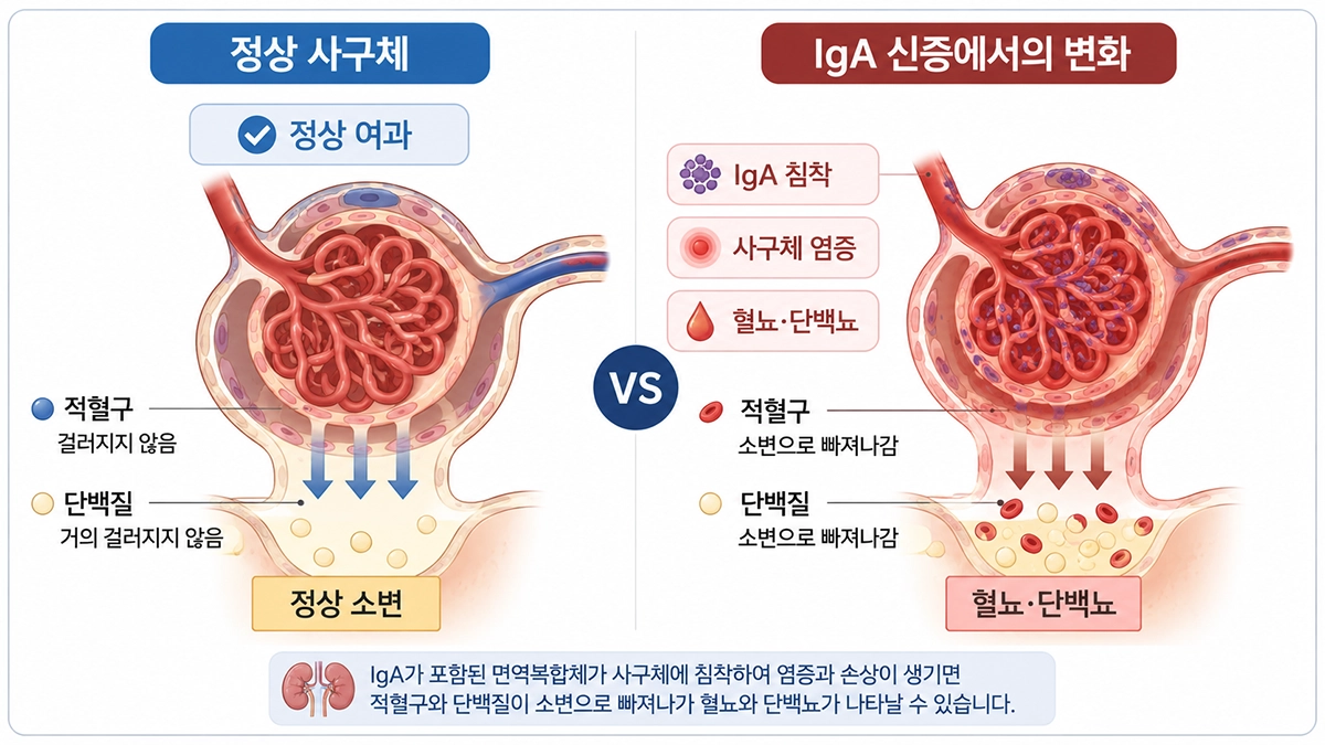 정상 사구체와 IgA 신증에서 면역복합체가 침착된 사구체의 차이