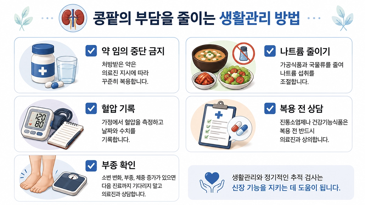 IgA 신증 생활관리 방법인 약 복용, 저염 식사, 혈압 기록과 부종 확인 체크리스트