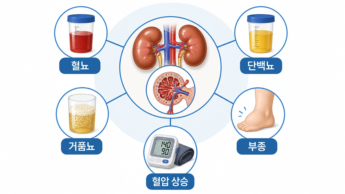 IgA 신증에서 나타날 수 있는 혈뇨와 단백뇨, 부종, 혈압 상승을 설명한 인포그래픽