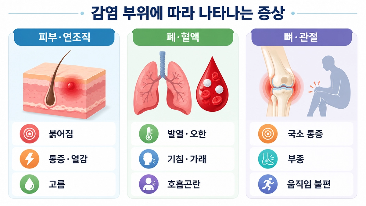 메티실린 내성 황색포도알균 감염의 피부·폐·혈액·관절별 증상을 비교한 인포그래픽