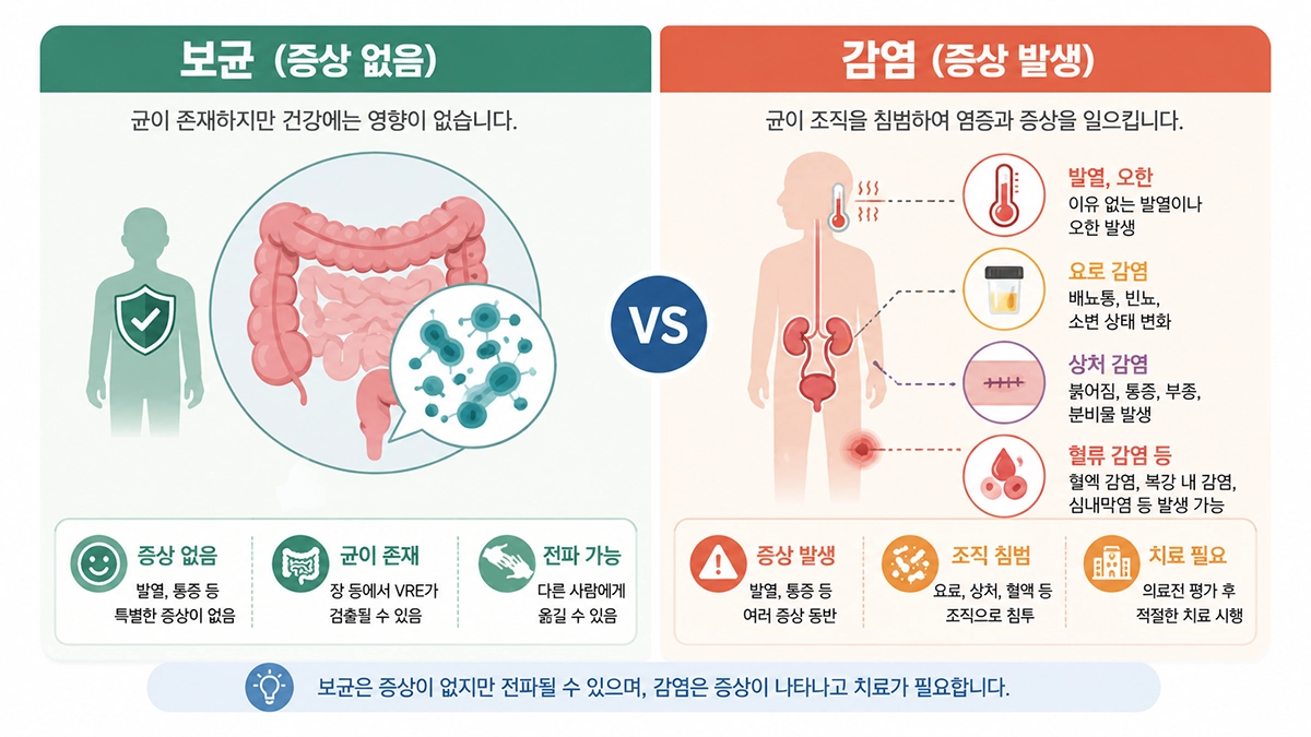 반코마이신 내성 장알균 감염과 증상 없는 VRE 보균 상태의 차이