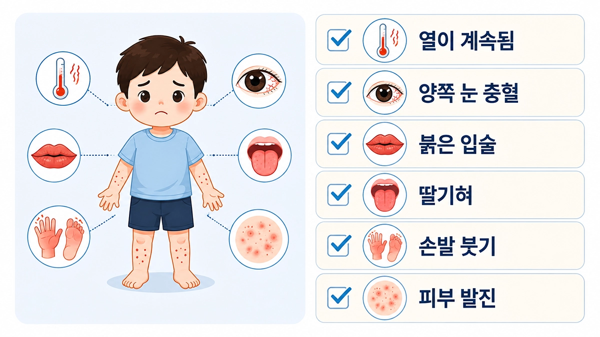 가와사키병에서 나타날 수 있는 발열, 눈 충혈, 딸기혀, 손발 붓기와 피부 발진 확인 항목