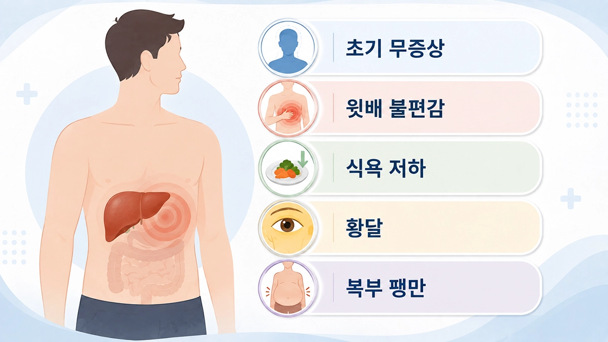 간암에서 나타날 수 있는 초기 무증상과 윗배 불편감, 황달 등 주요 변화