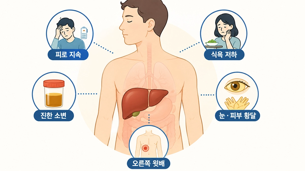 간염 증상으로 나타날 수 있는 피로와 식욕 저하, 진한 소변, 황달을 설명한 인포그래픽