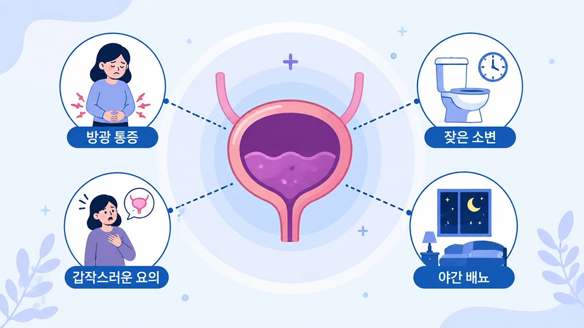 간질성 방광염에서 나타날 수 있는 방광 통증과 빈뇨, 절박뇨, 야간뇨 증상