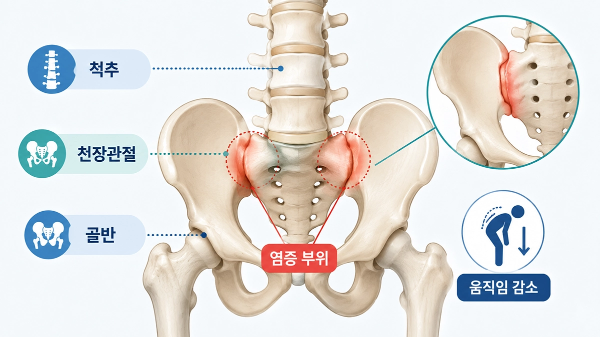 강직성 척추염에서 염증이 주로 나타나는 척추와 천장관절 위치