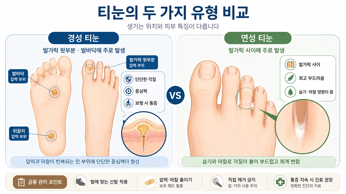 티눈 중 경성 티눈과 연성 티눈의 발생 위치와 특징 비교