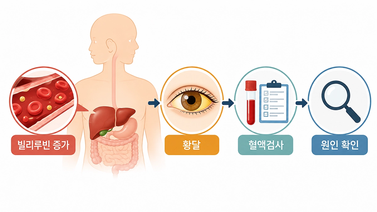 고빌리루빈혈증에서 빌리루빈 증가와 황달의 관계를 보여주는 인포그래픽