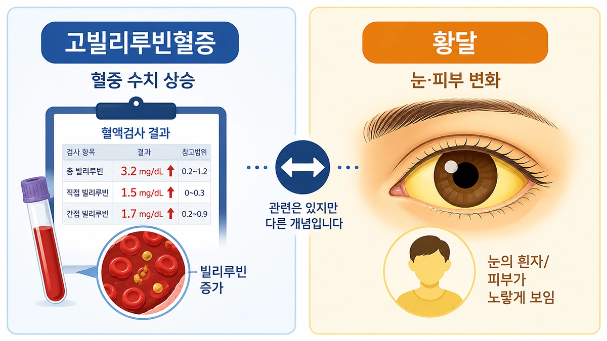 고빌리루빈혈증과 황달의 차이를 혈액 수치와 눈·피부 변화로 비교한 이미지