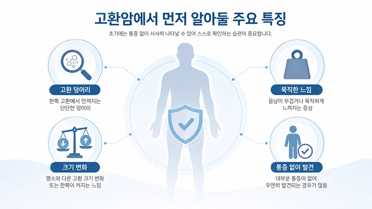 고환암 초기증상으로 나타날 수 있는 고환 덩어리와 크기 변화를 설명한 인포그래픽