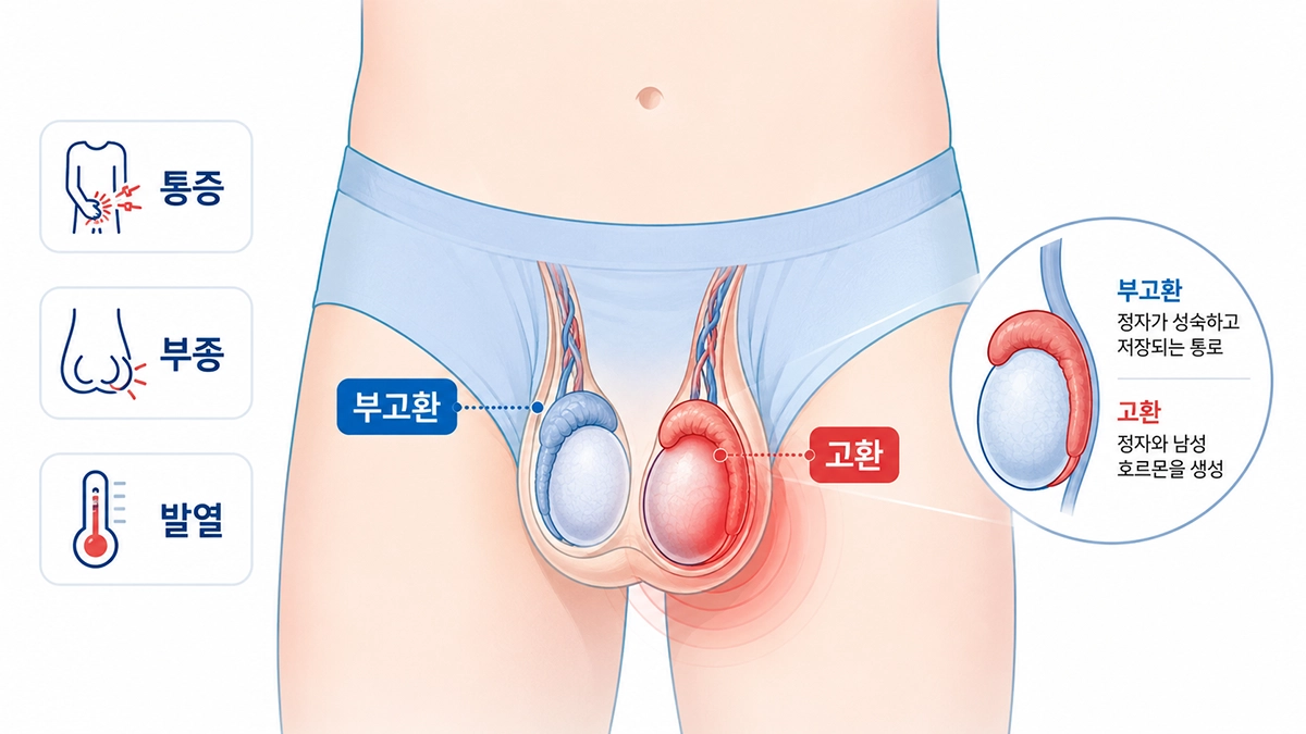 고환염이 발생하는 고환과 부고환 위치를 설명한 의료 인포그래픽