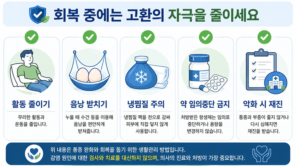 고환염 치료 중 활동 조절과 냉찜질, 약 복용 주의사항을 정리한 체크리스트