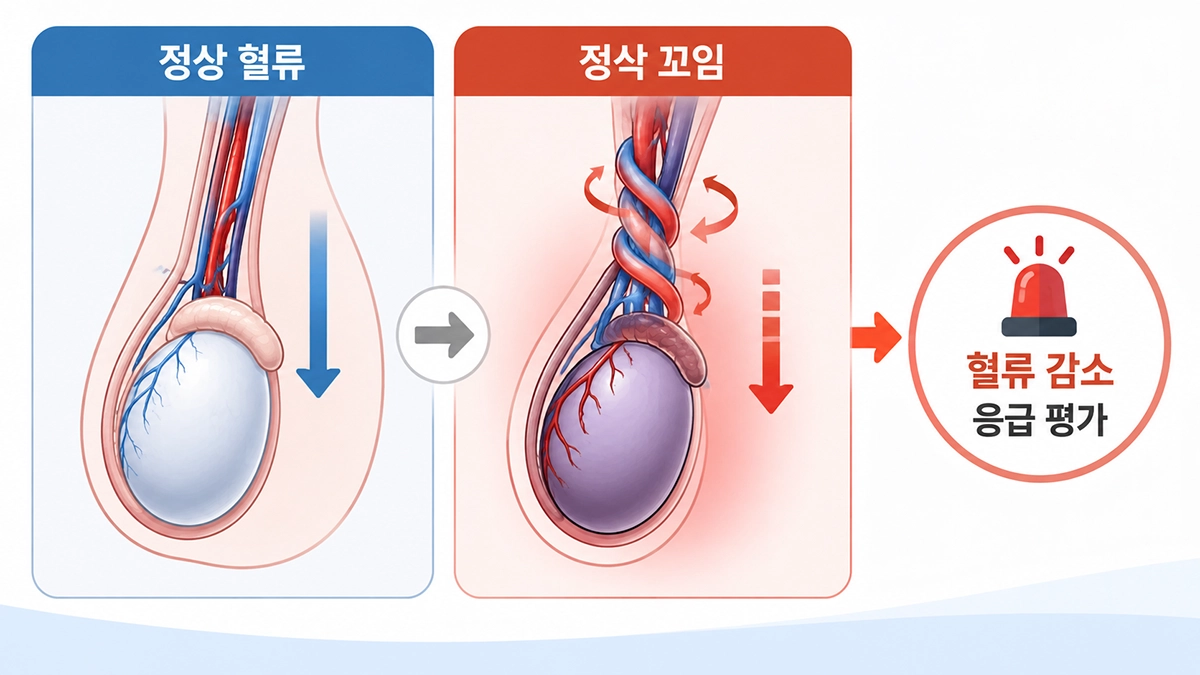고환염전 증상과 정삭 꼬임으로 혈류가 감소하는 원리를 설명한 인포그래픽