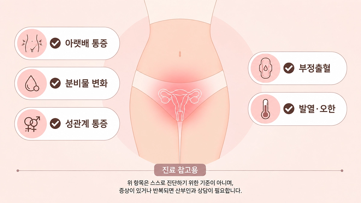 골반염 증상으로 나타날 수 있는 아랫배 통증과 질 분비물 변화 확인 항목