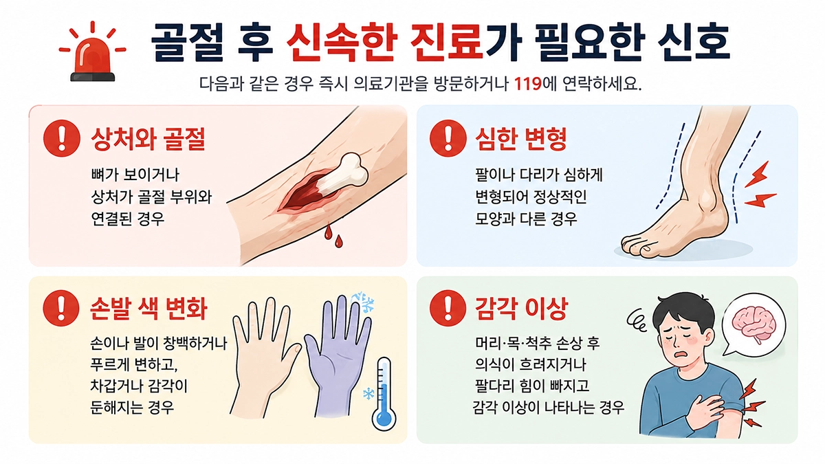 골절 후 신속한 진료가 필요한 심한 변형과 감각 이상 등 위험 신호