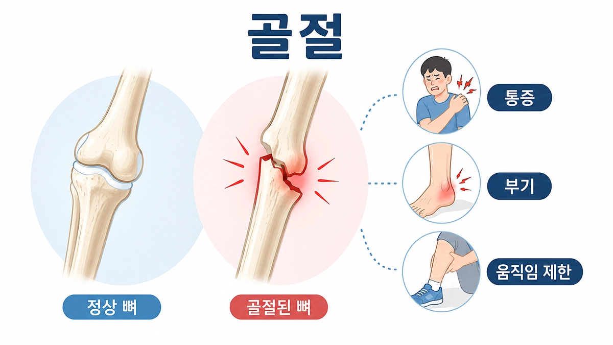 골절로 인한 뼈 손상과 통증, 부기, 움직임 제한을 설명하는 인포그래픽