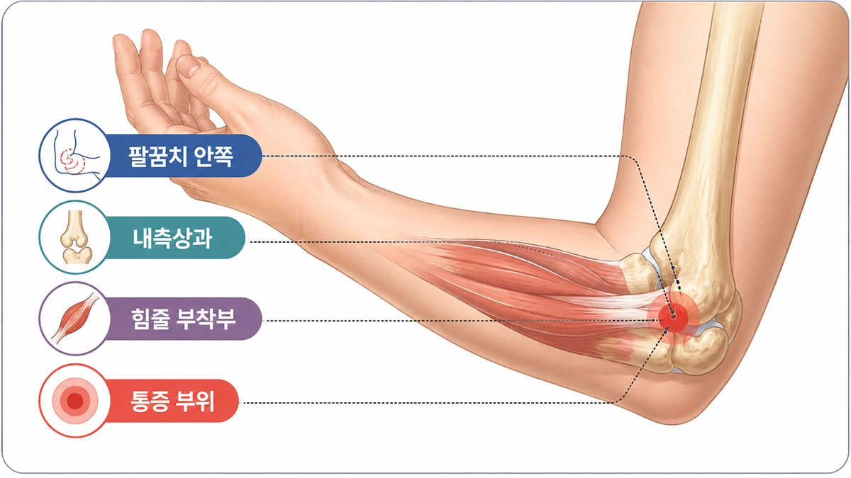 골프엘보 통증이 나타나는 팔꿈치 안쪽 내측상과와 힘줄 위치