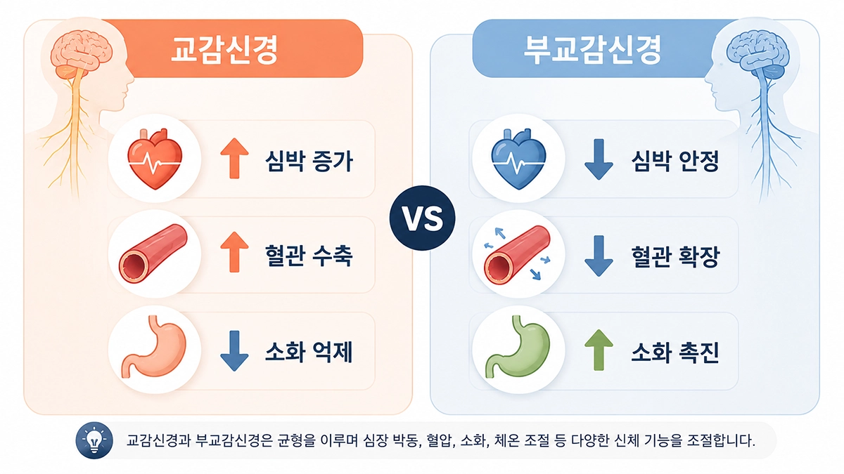 자율신경 실조증 이해를 돕는 교감신경과 부교감신경 기능 비교 인포그래픽