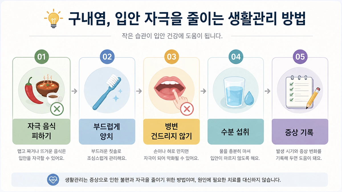 구내염으로 인한 입안 자극을 줄이기 위한 음식과 양치, 수분 섭취 등 생활관리 방법