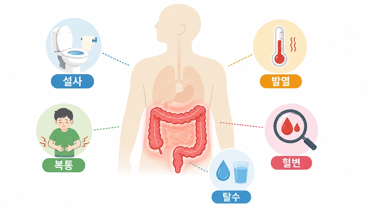 급성 대장염의 대장 위치와 설사 복통 발열 등 주요 증상을 보여주는 인포그래픽
