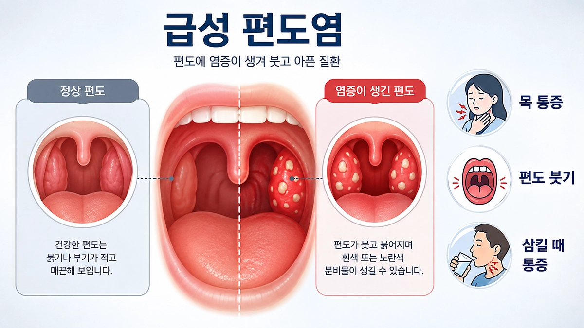 급성 편도염으로 편도가 붓고 목 통증과 삼킬 때 통증이 나타나는 모습
