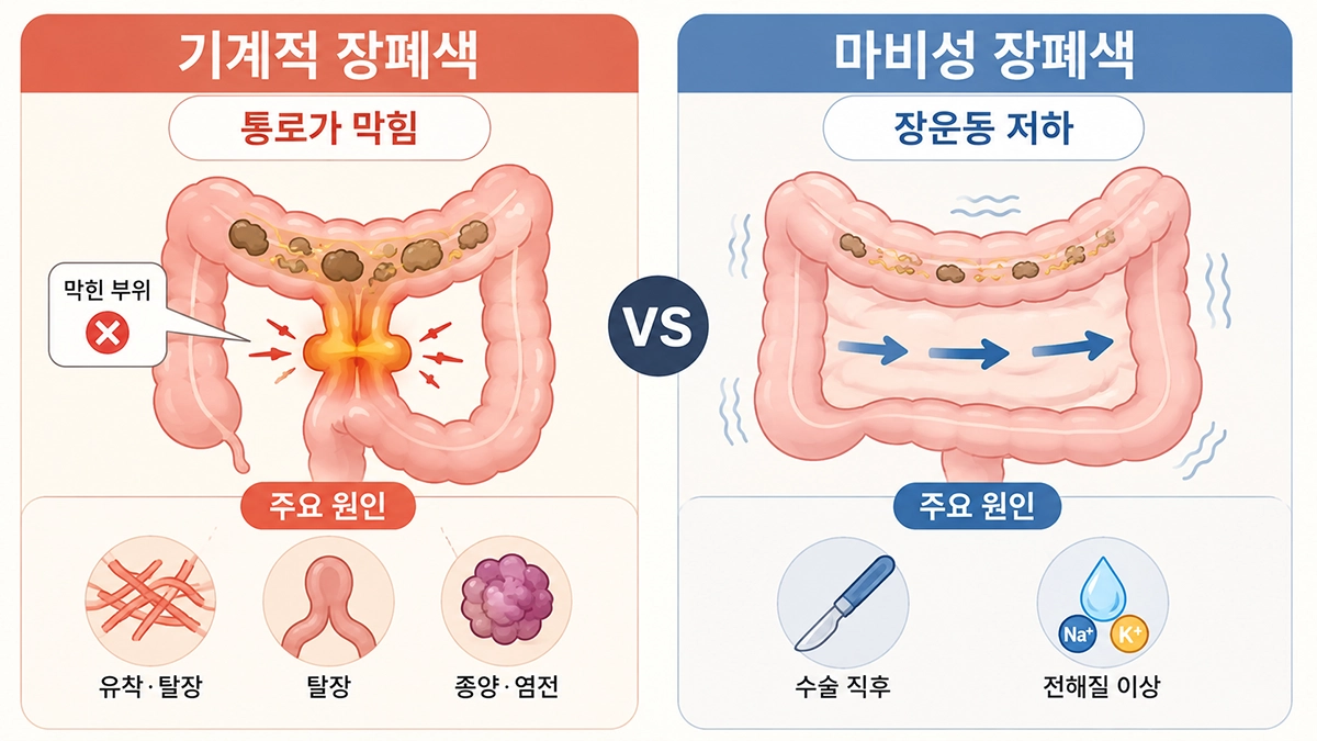 장폐색 증상과 원인이 다른 기계적 장폐색과 마비성 장폐색을 비교한 인포그래픽