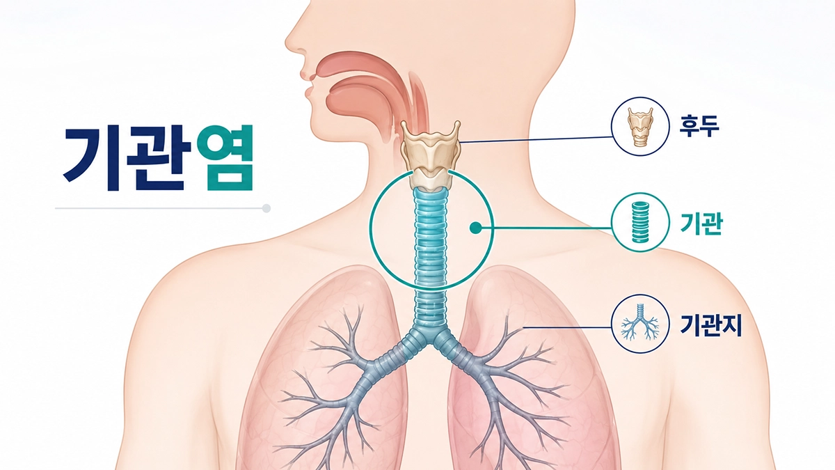 기관염이 발생하는 기관의 위치와 후두·기관지 연결 구조를 보여주는 그림